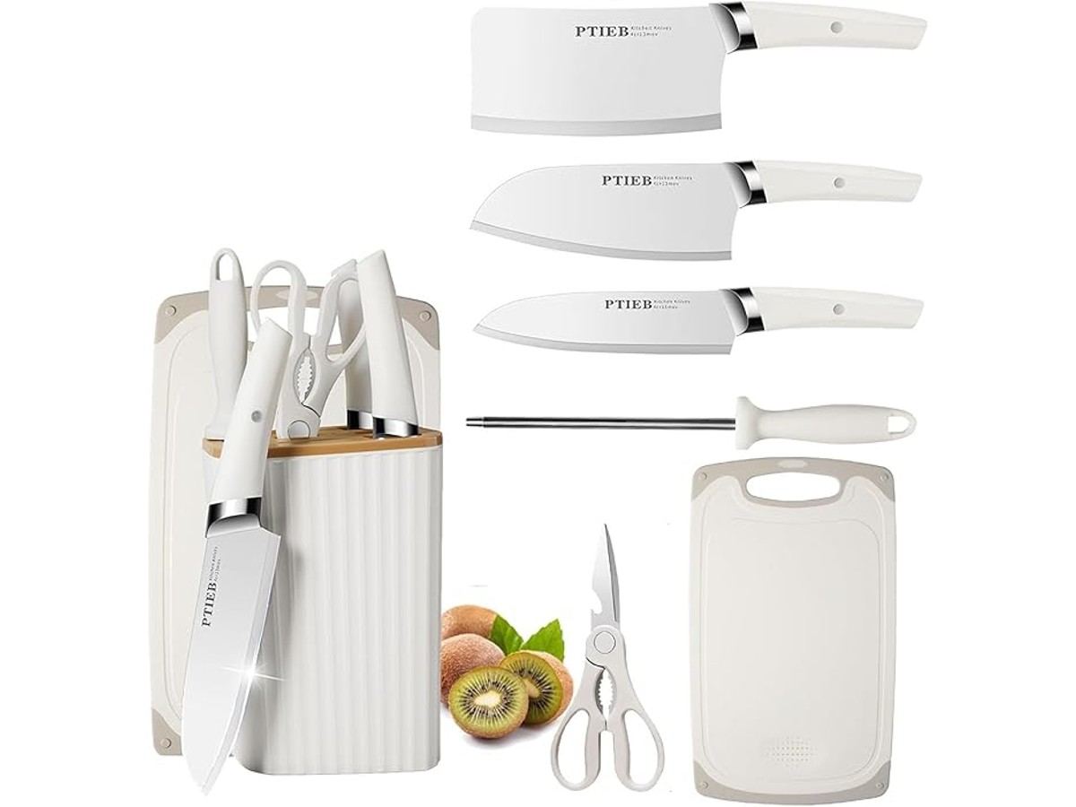 Küchenmesser Set, 7-teiliges Beige Scharfes Edelstahlmesser-Set mit Messerblock, Professio...