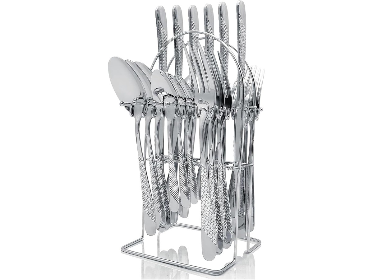 Besteckset aus Gold und Silber, 24 Stück Silber Gold Bestec mit Halter, Küchenutensil Set ...