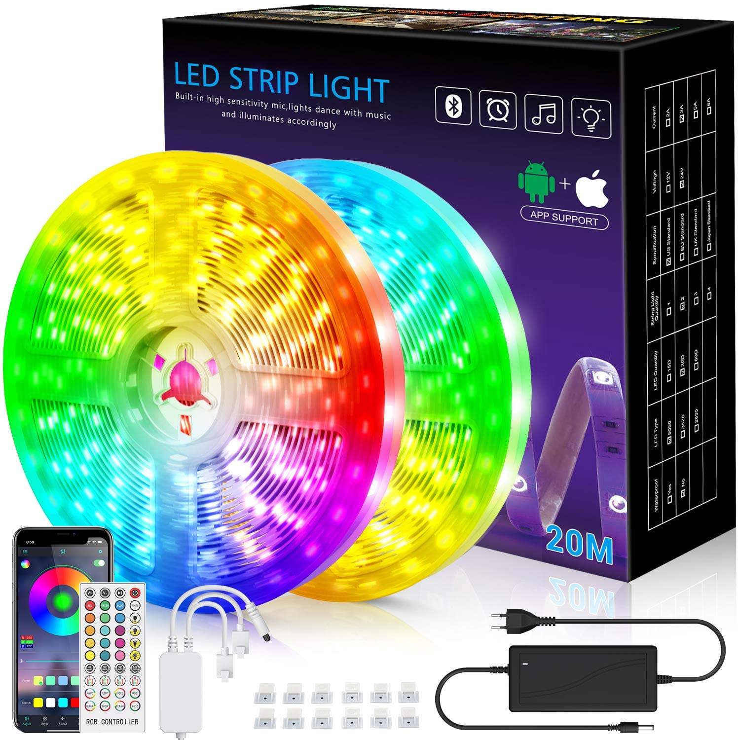 LED şerit, 20m ışık, müzik senkronizasyonu, renk değişimi, RGB LED