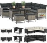 Juskys Polyrattan Lounge Manacor mit Ecksofa, Esstisch, 2 Hocker & Kissen