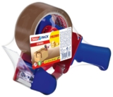 tesa tesapack Strong und Handabroller im Set mit 1 Rolle geräuscharmem Paketklebeband