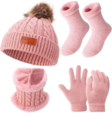 Halinuia 4 in 1 Kinder Wintermütze Schal Handschuhe Socke Set