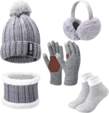 Lvefyti 5 Stück Mütze Schal Handschuhe Ohrwärmer und Socken Set, Touchscreen-Handschuhe