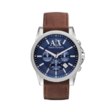 A|X Armani Exchange Stainless Steel Watch with Blue Dial and Brown Leather