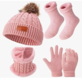 Halinuia 4 in 1 Kinder Wintermütze Schal Handschuhe Socke Set
